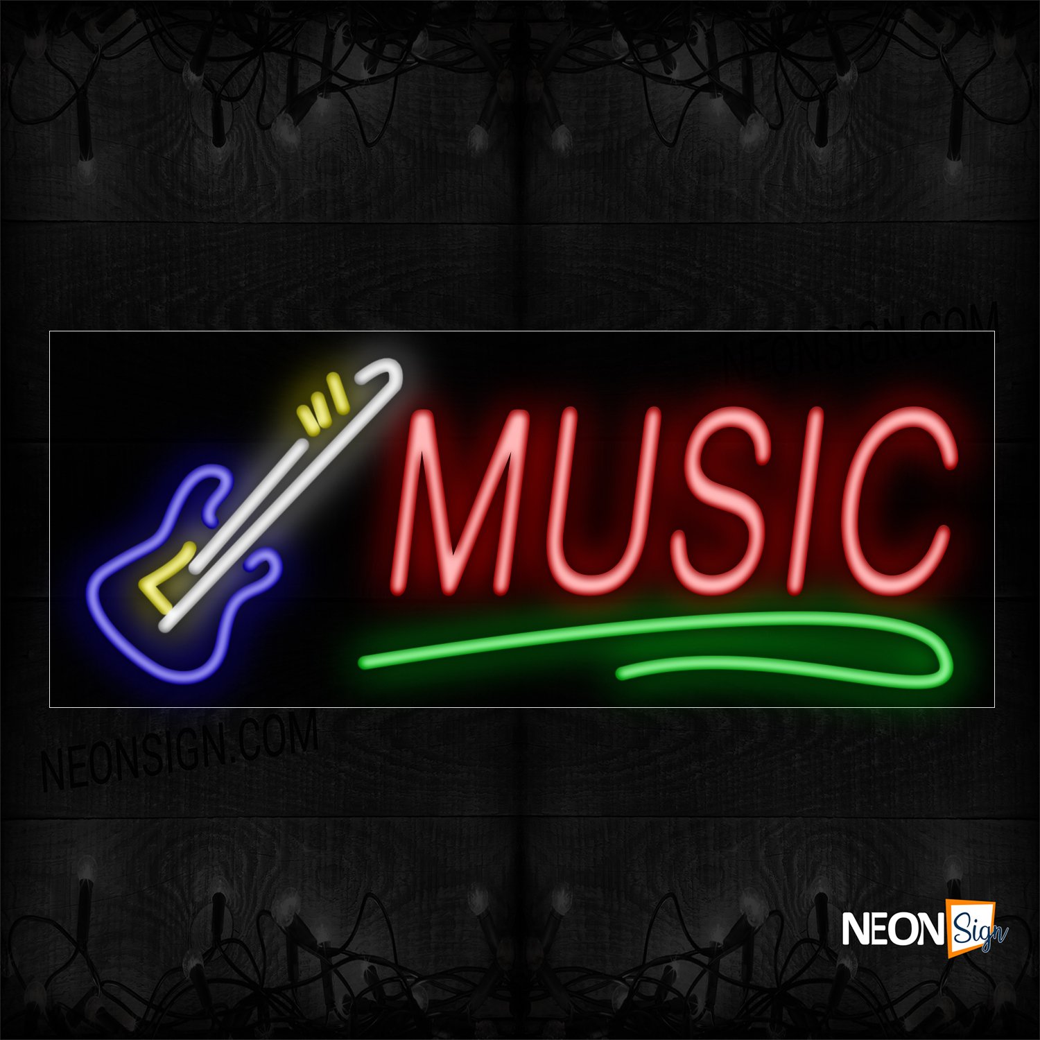 Image of 10845 Music In Red With Green Line And Guitar Logo Neon Sign_13x32 Black Backing