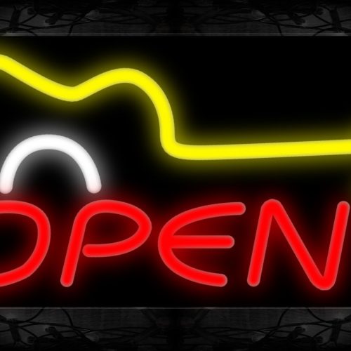 Image of 10855 Open with guitar logo Neon Sign 13x32 Black Backing