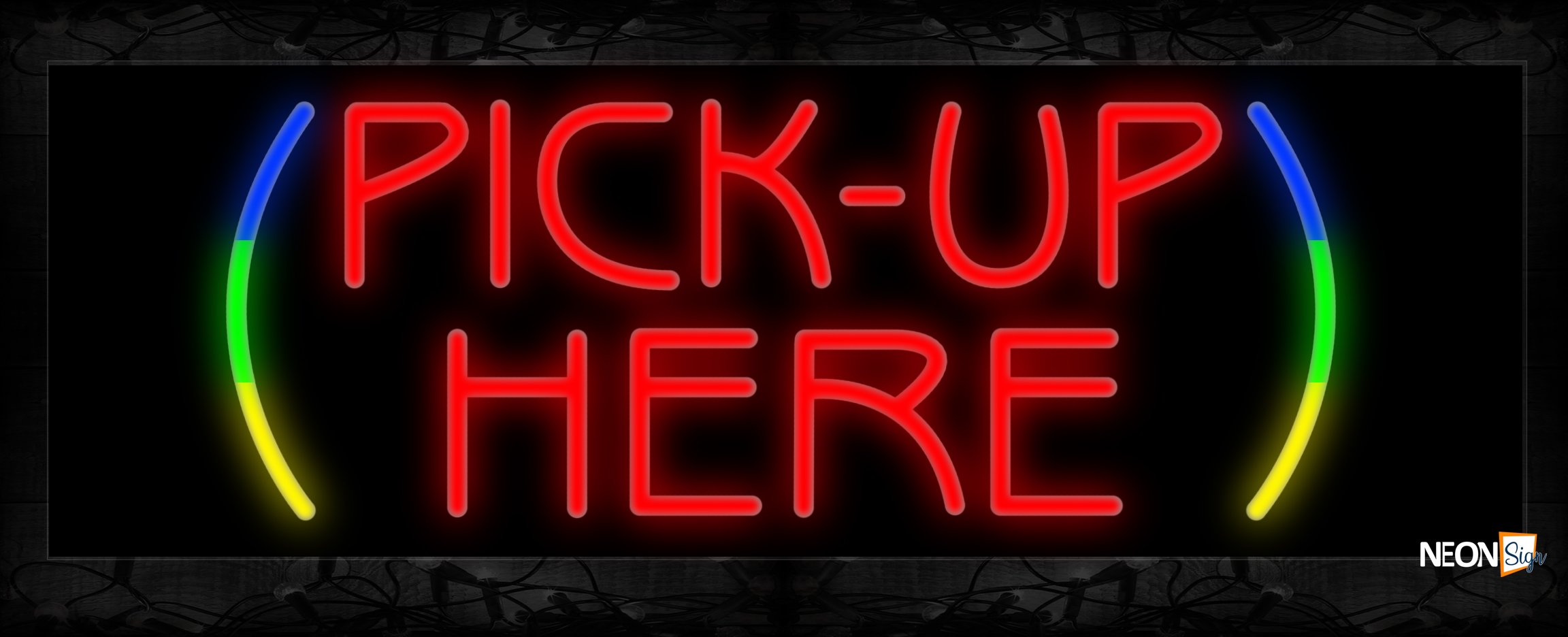 Image of 10873 Pick-Up Here with side curve line Neon Sign 13x32 Black Backing