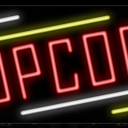 Image of 10879 Popcorn in red wtih white and yellow line Neon Sign_13x32 Black Backing
