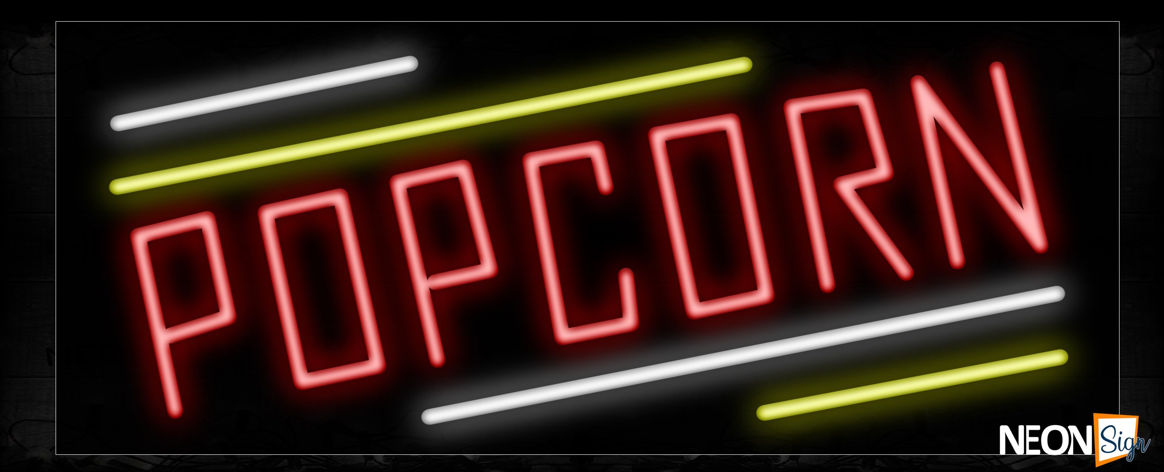 Image of 10879 Popcorn in red wtih white and yellow line Neon Sign_13x32 Black Backing