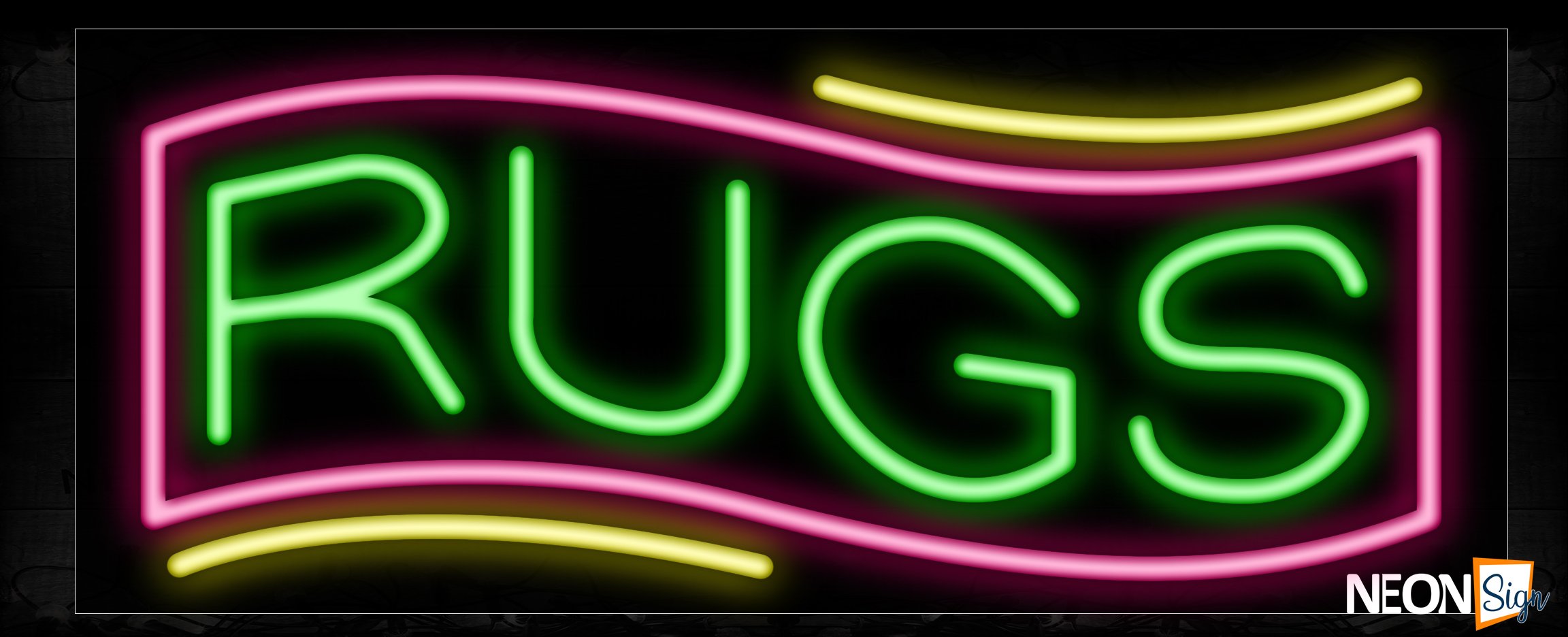 Image of 10884 RUGS in green with pink border and yellow lines Neon Sign_13x32 Black Backing