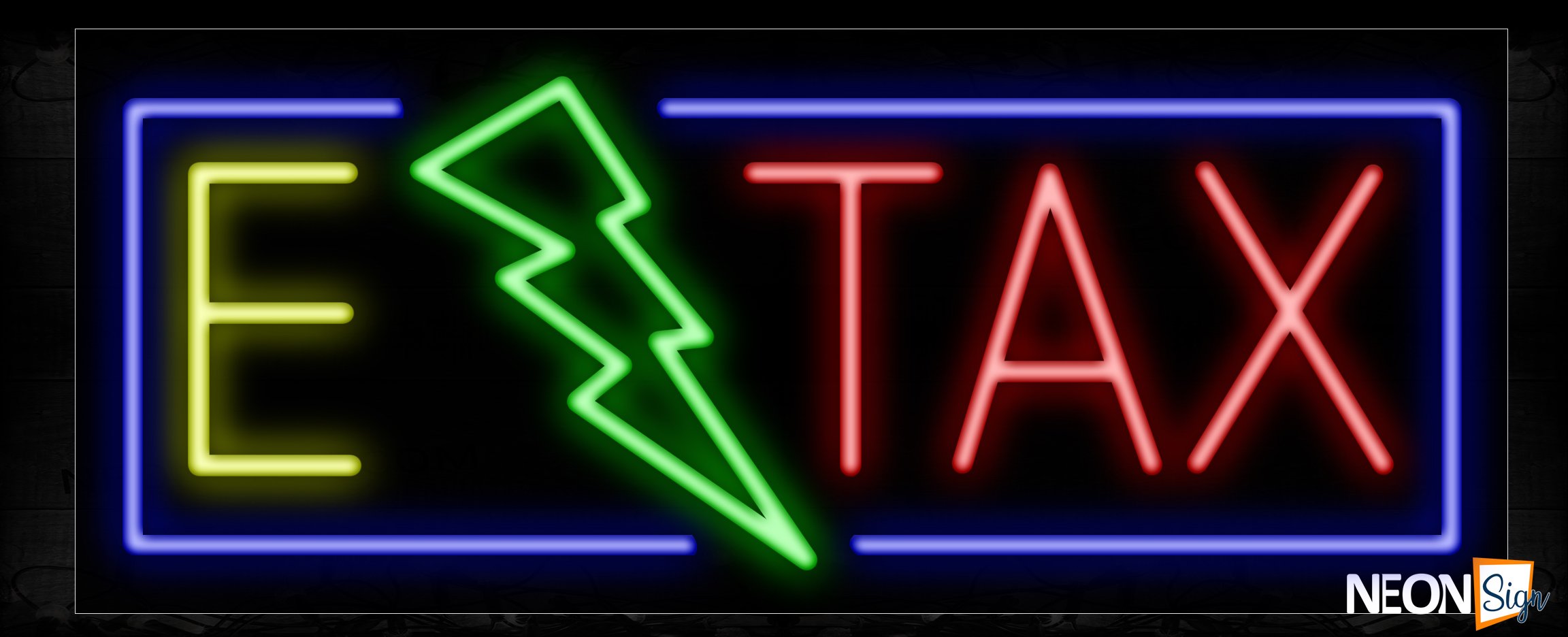 Image of 10919 E Tax with border and lightning logo Neon Sign_13x32 Black Backing