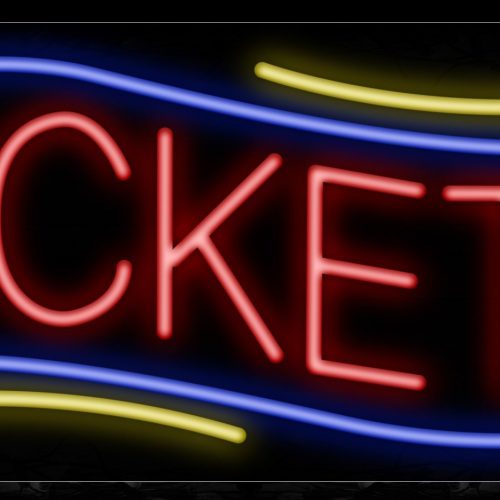 Image of 10921 Tickets in red with blue border and yellow lines Neon Sign_13x32 Black Backing
