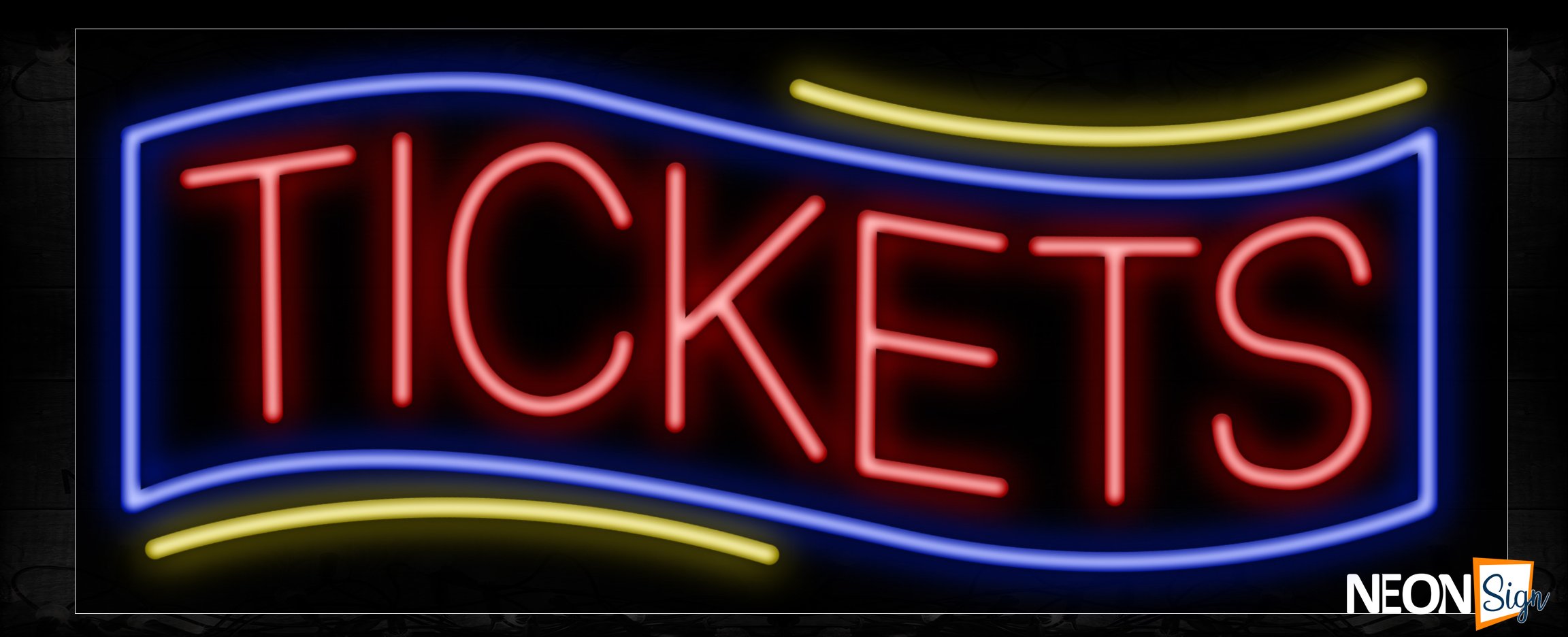 Image of 10921 Tickets in red with blue border and yellow lines Neon Sign_13x32 Black Backing
