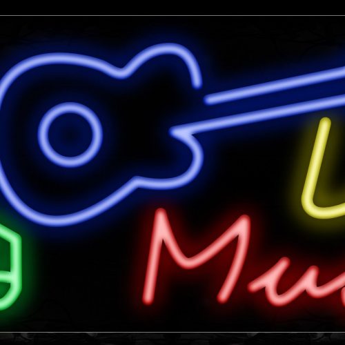 Image of 10940 Live Music with guitar & notes logo Neon Sign_13x32 Black Backing