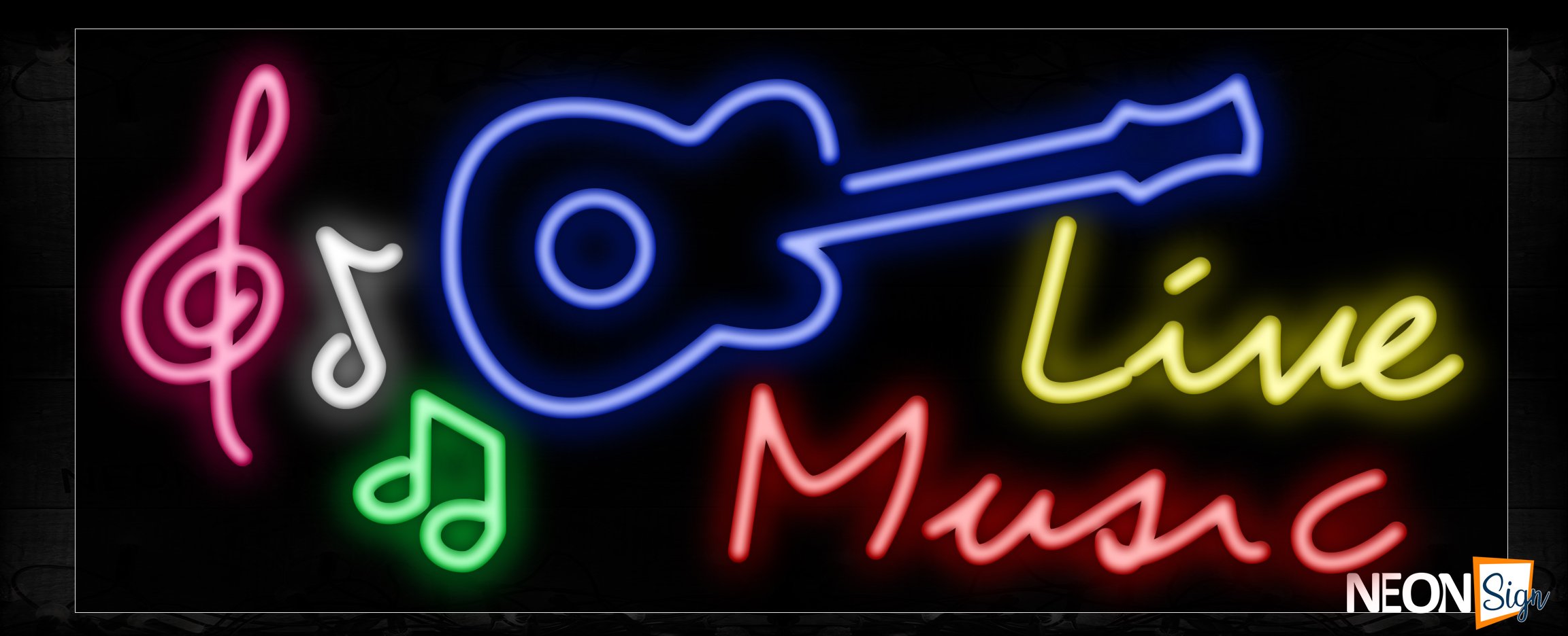 Image of 10940 Live Music with guitar & notes logo Neon Sign_13x32 Black Backing