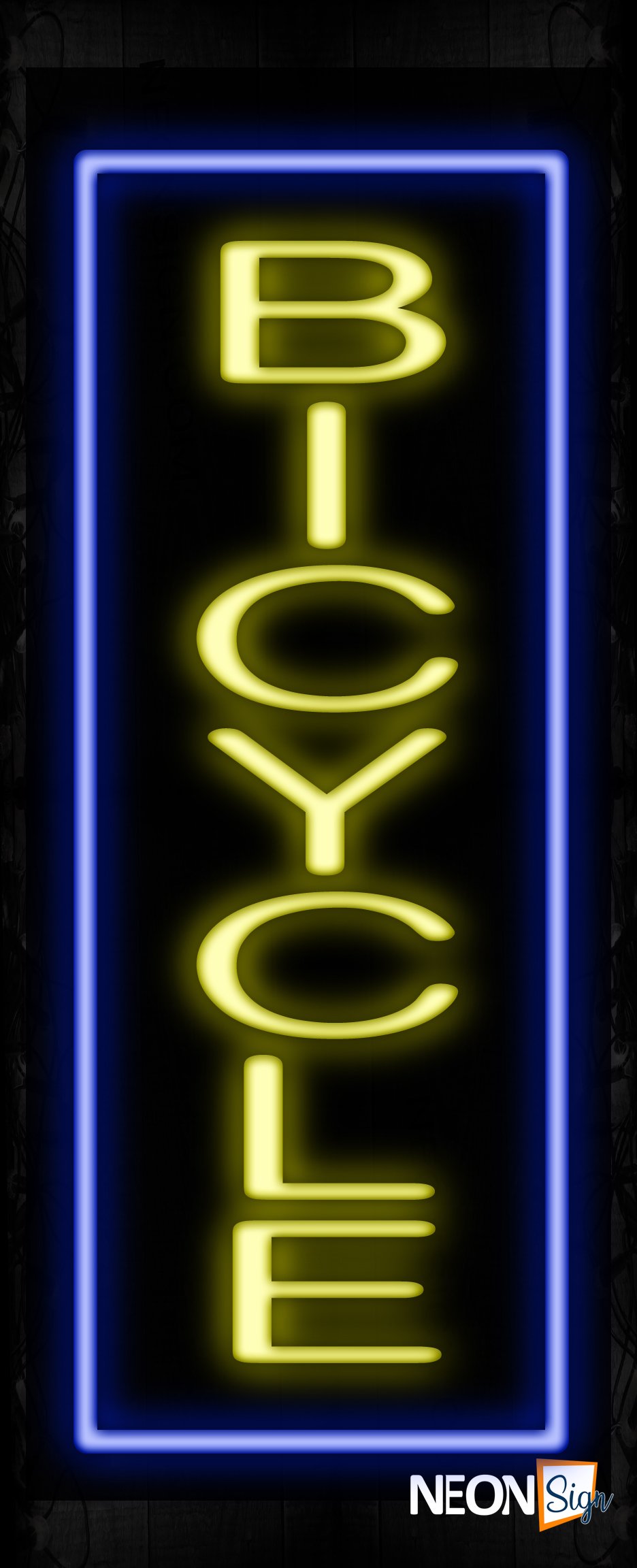 Image of 10970 Bicycle in yellow with blue border (Vertical) Neon Sign_32 x12 Black Backing