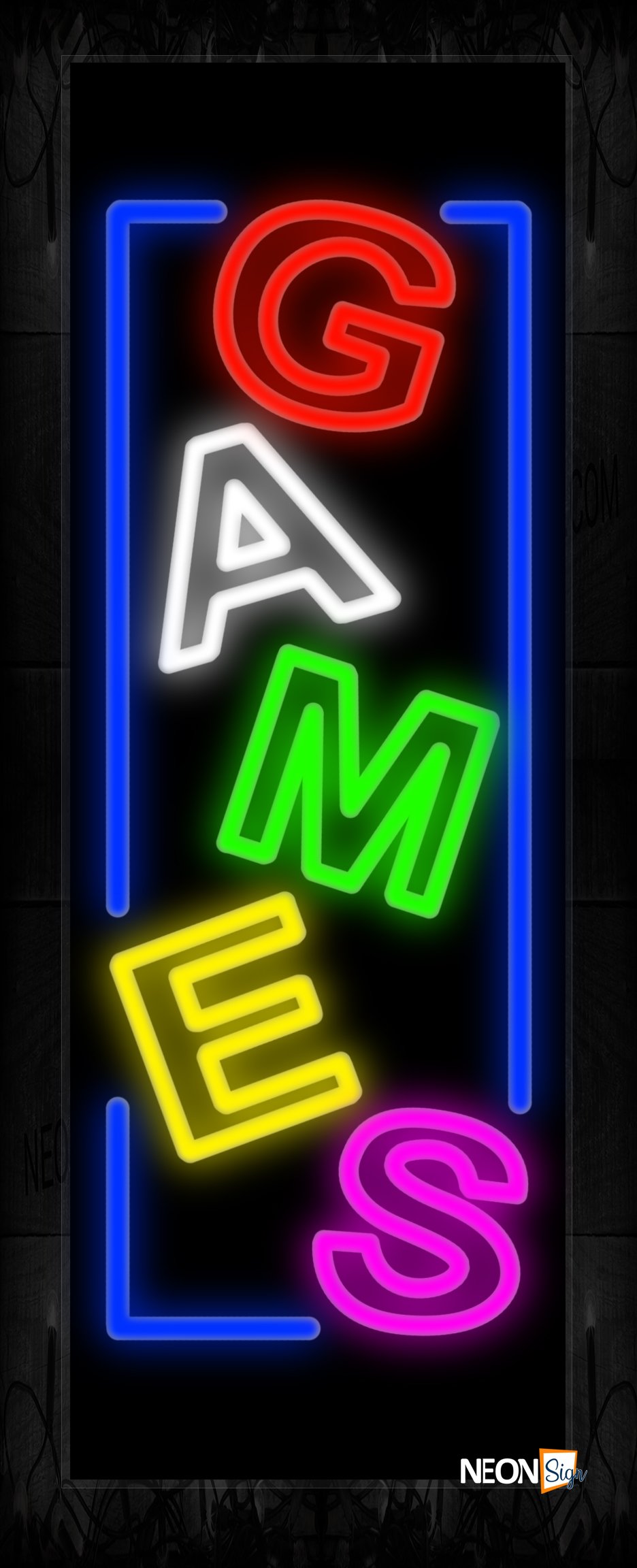 Image of 10987 Colorful double stroke GAMES with blue border Neon Sign 13x32 Black Backing