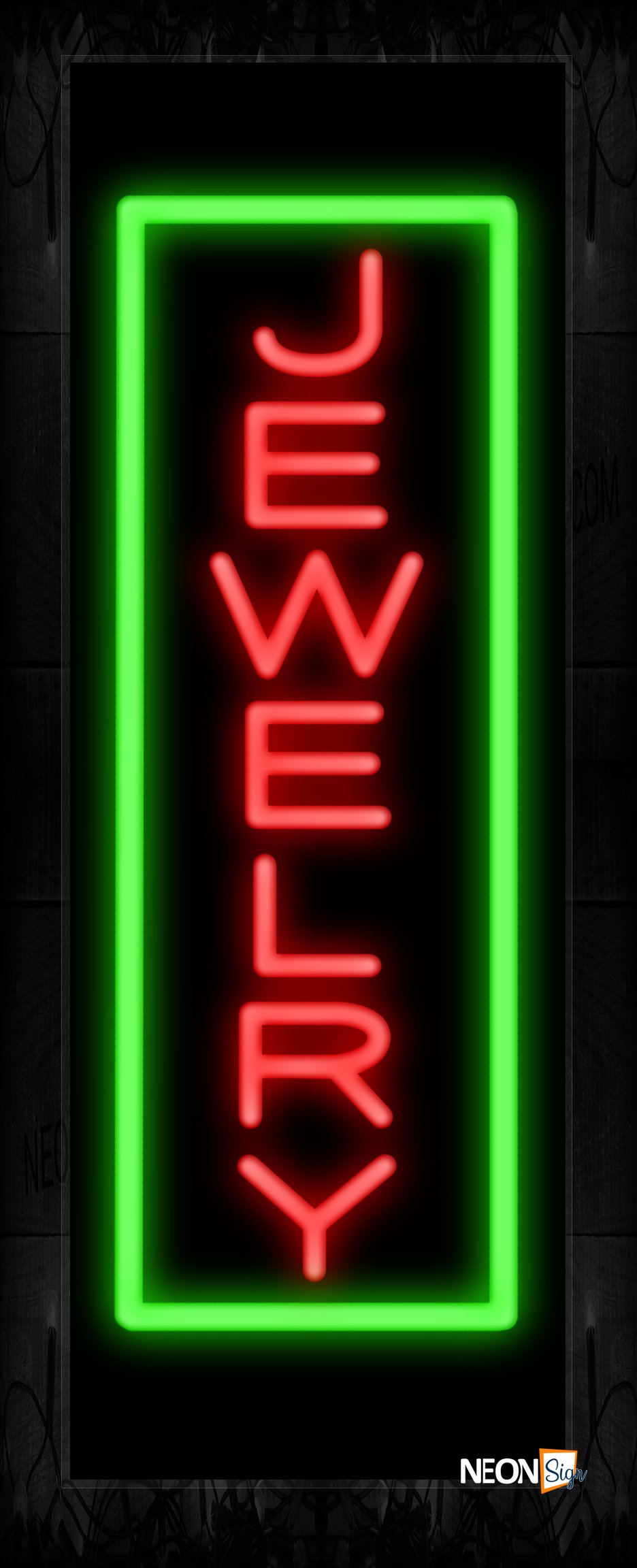 Image of 10995 Jewelry in red with green border (Vertical) Neon Sign 13x32 Black Backing