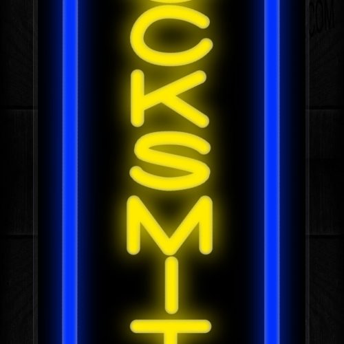 Image of 11002 Locksmith in yellow with blue border (Vertical) Neon Sign 13x32 Black Backing