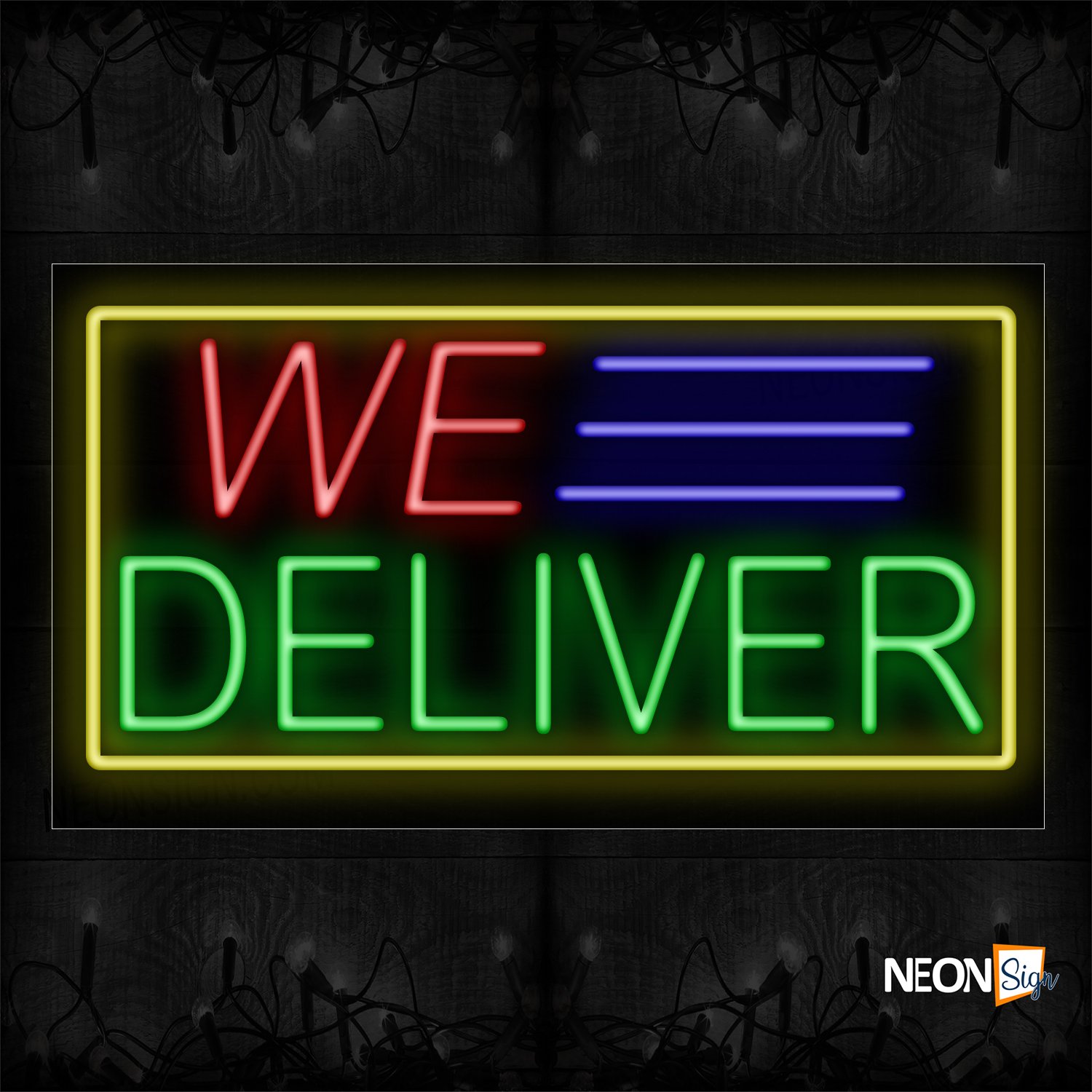 Image of 11068 We Delivery with Blue Lines And Yellow Border Neon Signs_20x37 Black Backing