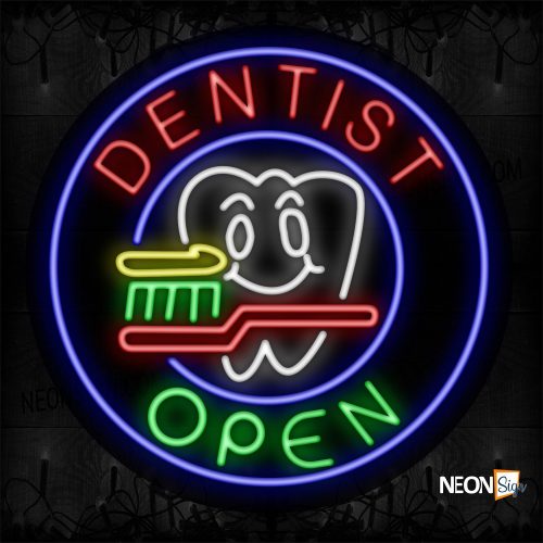 Image of 11136 Dentist Open With Logo And Circle Blue Border Neon Sign_26x26 Contoured Black Backing