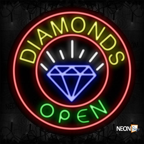 Image of 11137 Diamonds Open With Circle Border & Diamond Logo Neon Sign_26x26 Black Backing