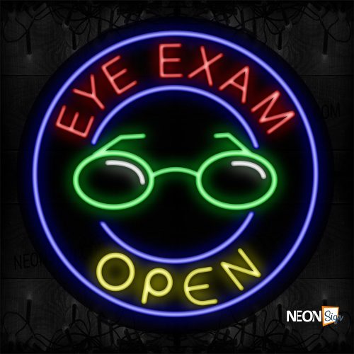 Image of 11142 Eye Exam Open With Blue Circle Border And Logo Neon Sign_26x26 Contoured Black Backing