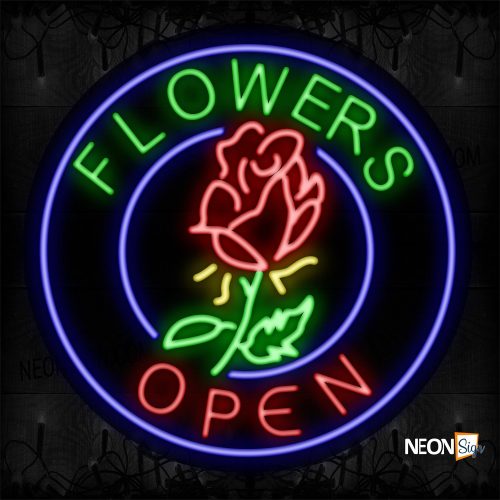 Image of 11144 Flowers Open With Logo And Circle Border Neon Sign_26x26 Contoured Black Backing