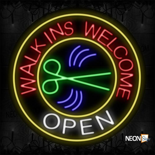 Image of 11149 Walk-ins with Scissor logo Neon Sign_26x26 Contoured Black Backing