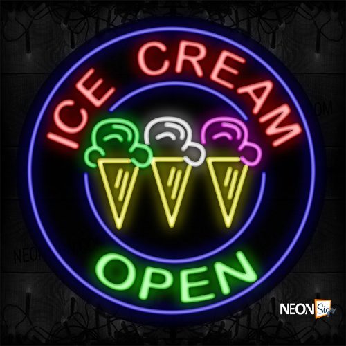 Image of 11150 Ice Cream Open With Blue Circle Border With Logo Neon Signs_26x26 Contoured Black Backing