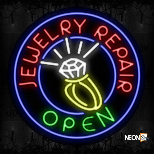 Image of 11153 Jewelry Repair Open With Logo And Blue Circle Border Neon Sign_26x26 Black Backing