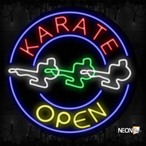 Image of 11154 Karate Open With Circle Border & Logo Neon Sign_26x326 Contoured Black Backing