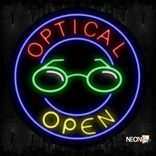 Image of 11157 Optical Open With Circle Border Neon Sign_26x26 Contoured Black Backing