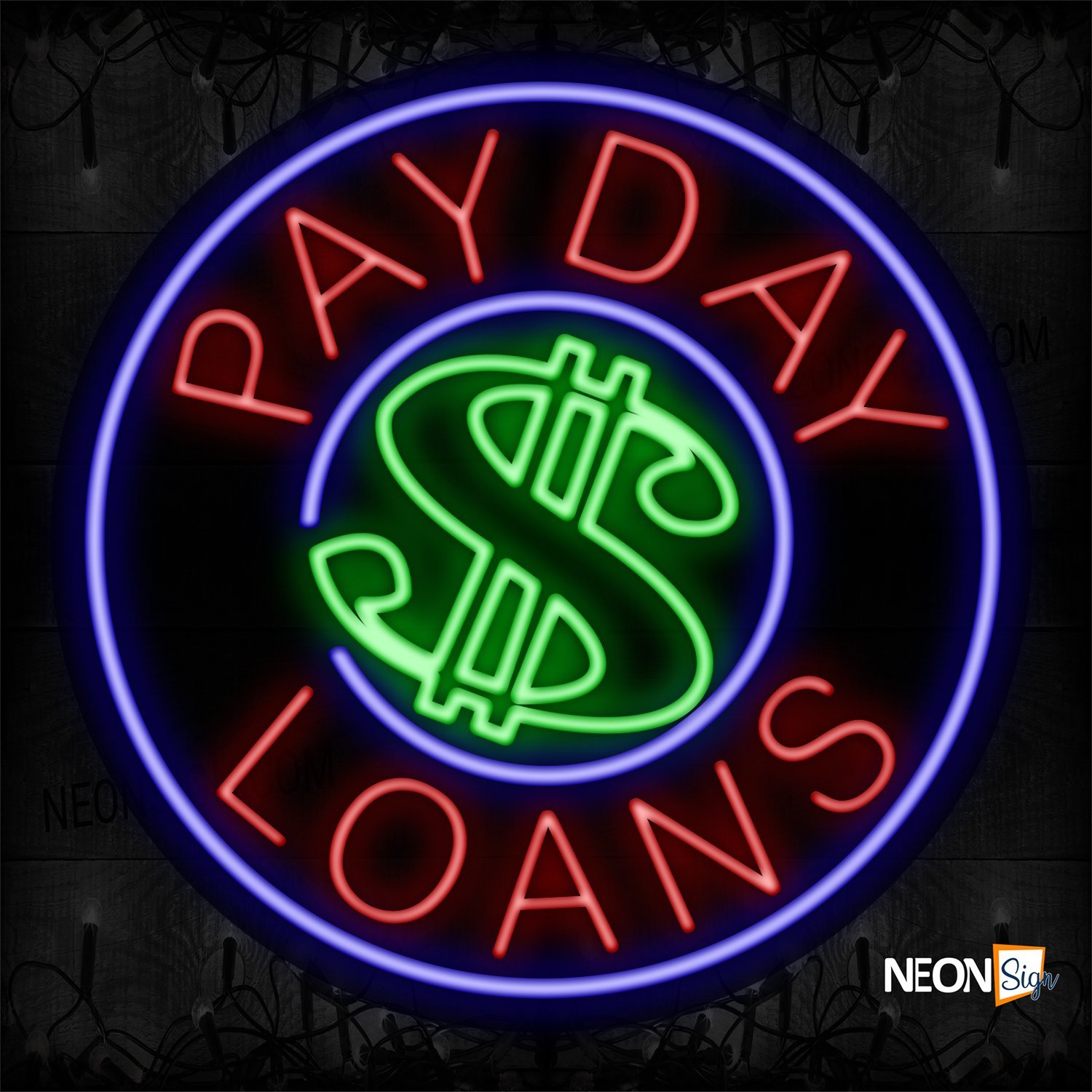 Image of 11159 Payday $ Loans With Circle Blue Border Neon Sign_26x26 Contoured Black Backing