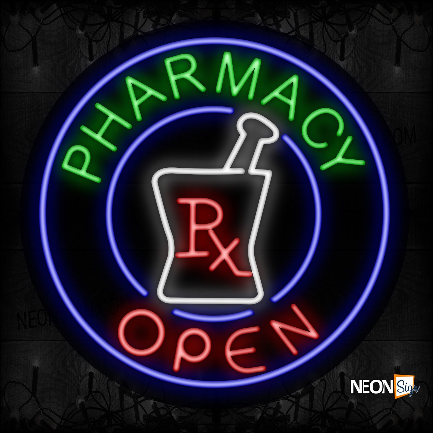 Image of 11160 Pharmacy Open With Circle Border Neon Sign_26x26 Contoured Black Backing