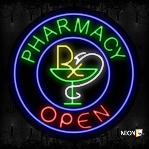 Image of 11161 Pharmacy Open and Logo And Blue Circle Border Neon Sign_26x26 Contoured Black Backing