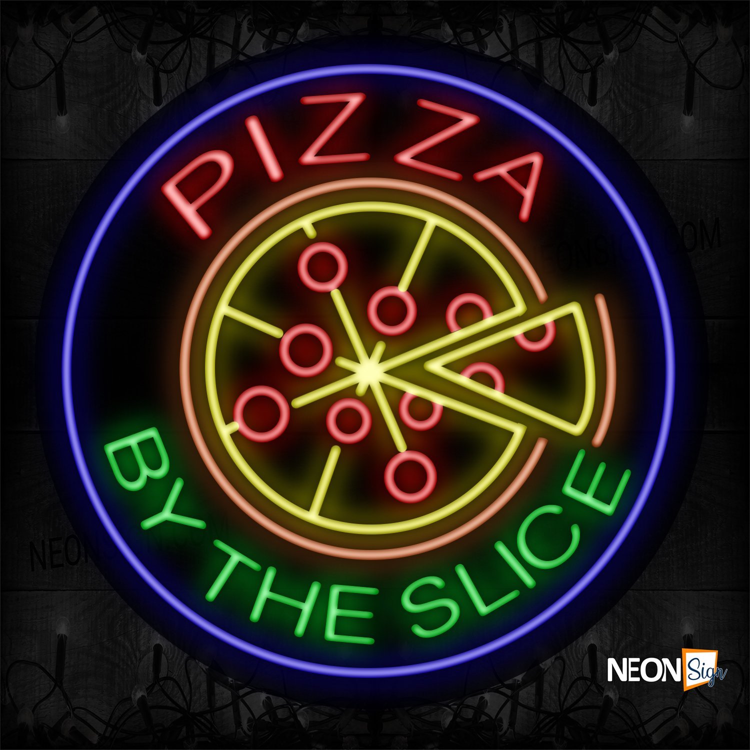 Image of 11163 Pizza By The Slice With Logo And Circle Border Neon Sign_26x26 Contoured Black Backing