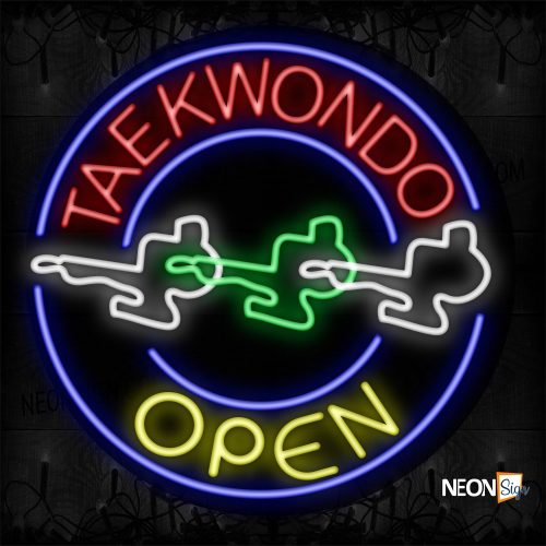 Image of 11167 Taekwondo Open With Circle Border And Logo Neon Sign_26x326 Contoured Black Backing