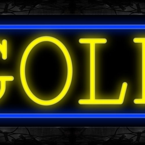 Image of 11194 Gold in yellow with blue border Neon Sign 13x32 Black Backing