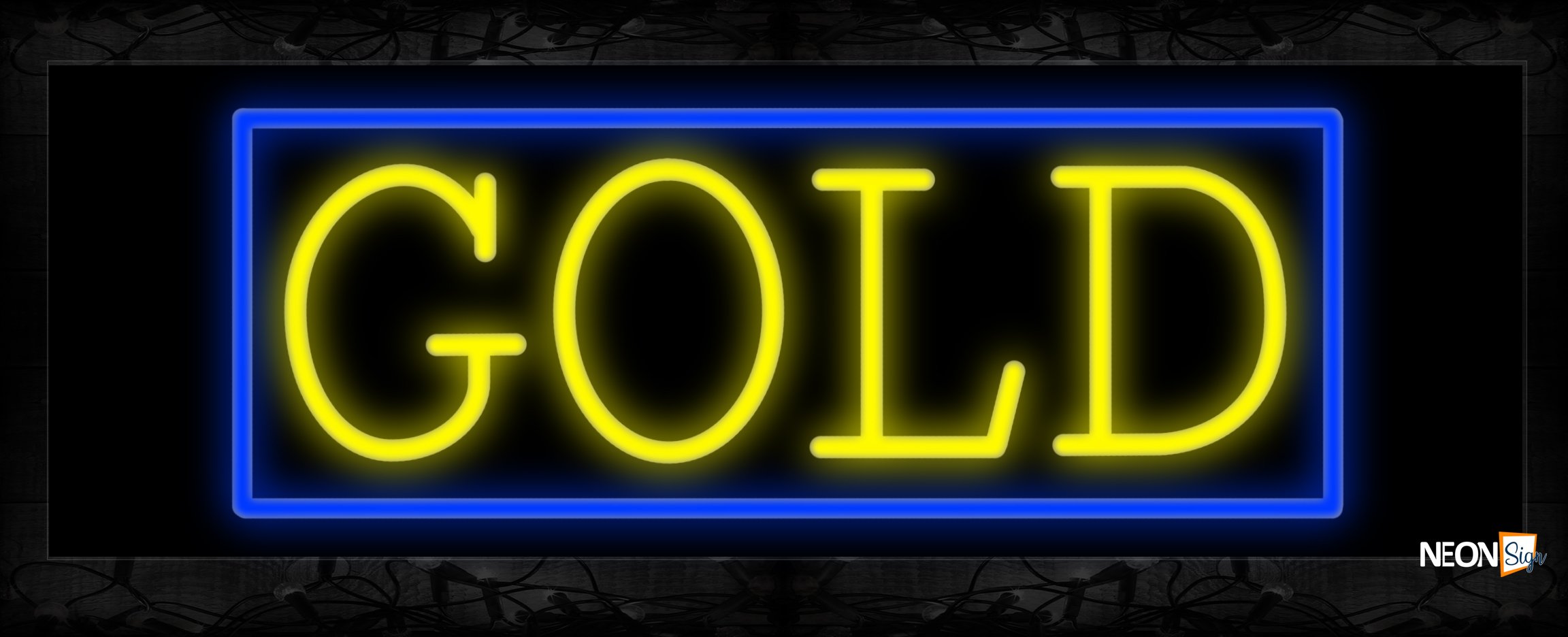 Image of 11194 Gold in yellow with blue border Neon Sign 13x32 Black Backing