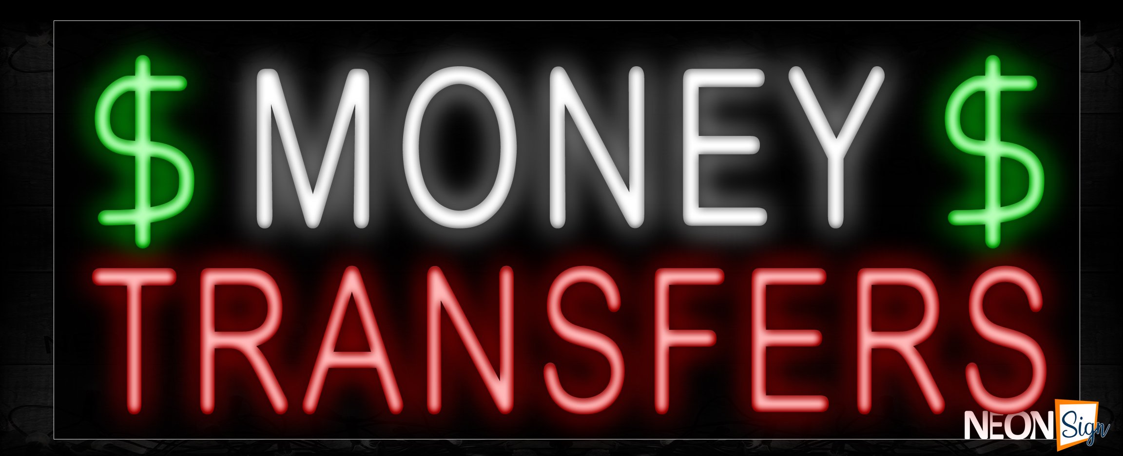Image of 11210 Money Transfers with dollar sign logo Neon Sign_13x32 Black Backing