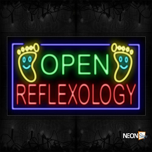 Image of 11290 Open Reflexology With Border & Two Feet Logo Neon Sign_20x37 Black Backing