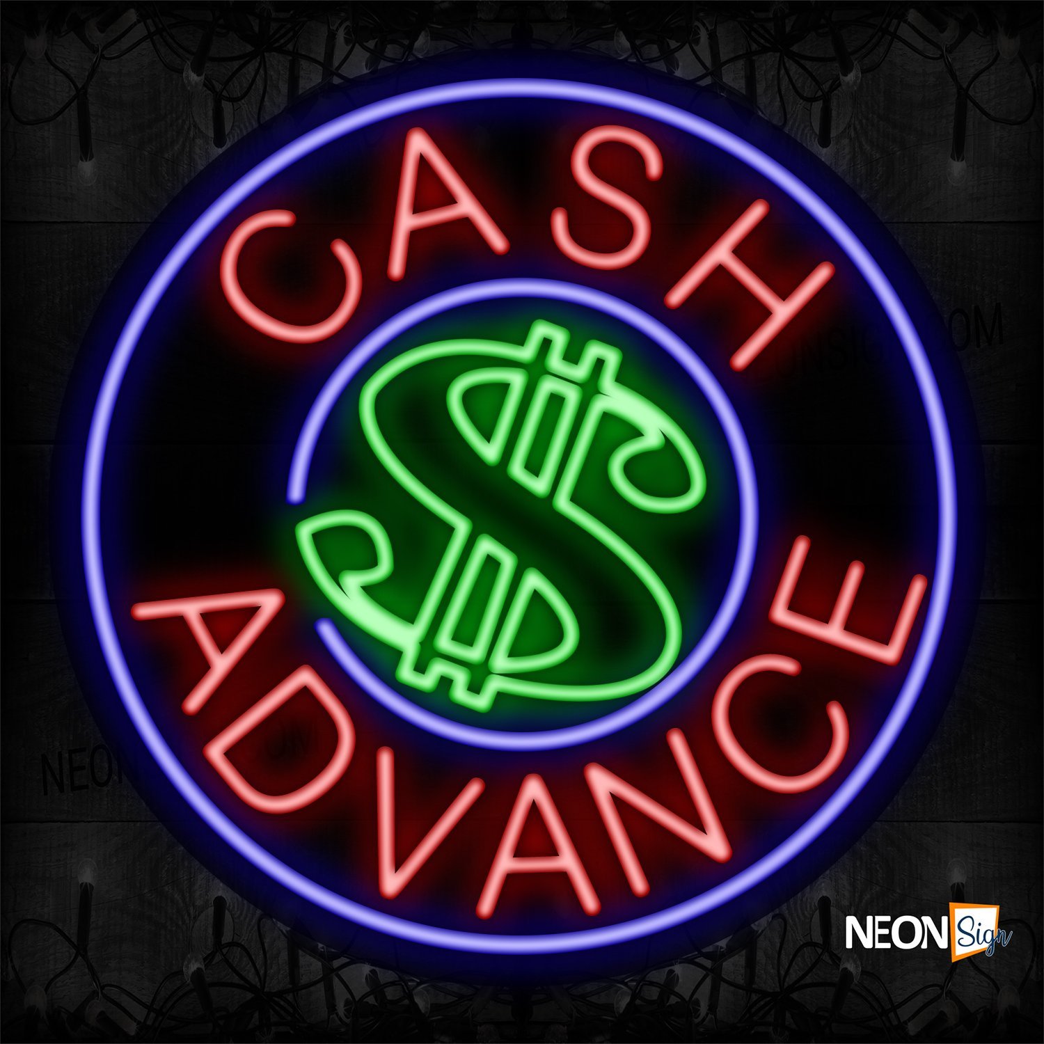 Image of 11312 Cash Advance With Blue Circle Border Neon Sign_26x26 Contoured Black Backing