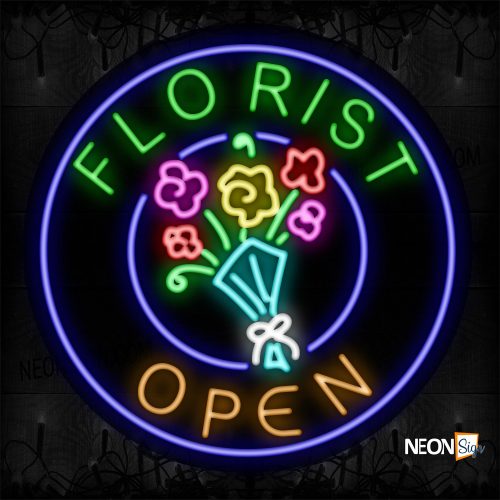 Image of 11322 Florist Open With Flower Logo And Blue Circle Border Neon Sign_26x26 Contoured Black Backing