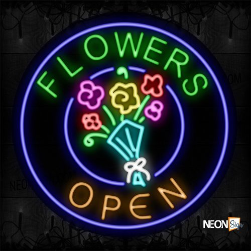 Image of 11323 Flowers Open With Logo And Blue Circle Border Neon Sign_26x26 Contoured Black Backing