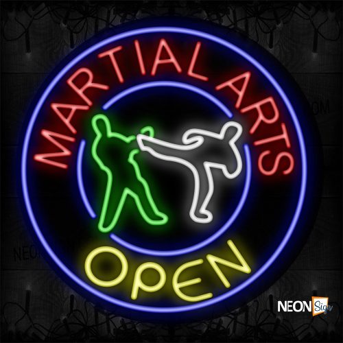 Image of 11328 Martial Arts Open With Logo And Blue Circle Border Neon Sign_26x326 Contoured Black Backing
