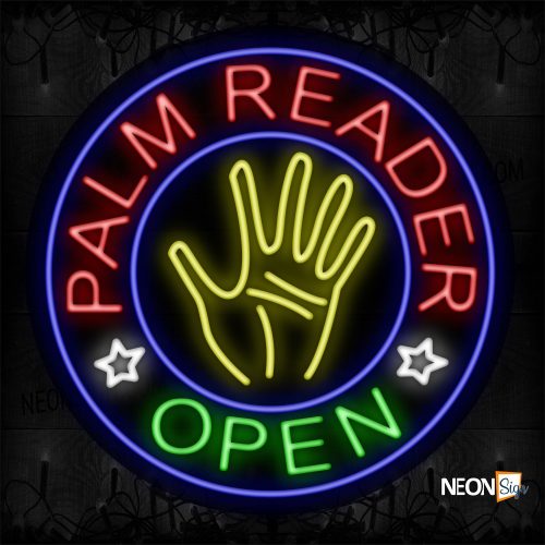 Image of 11331 Palm Reader Open With Circle Blue Border Neon Sign_26x26 Contoured Black Backing
