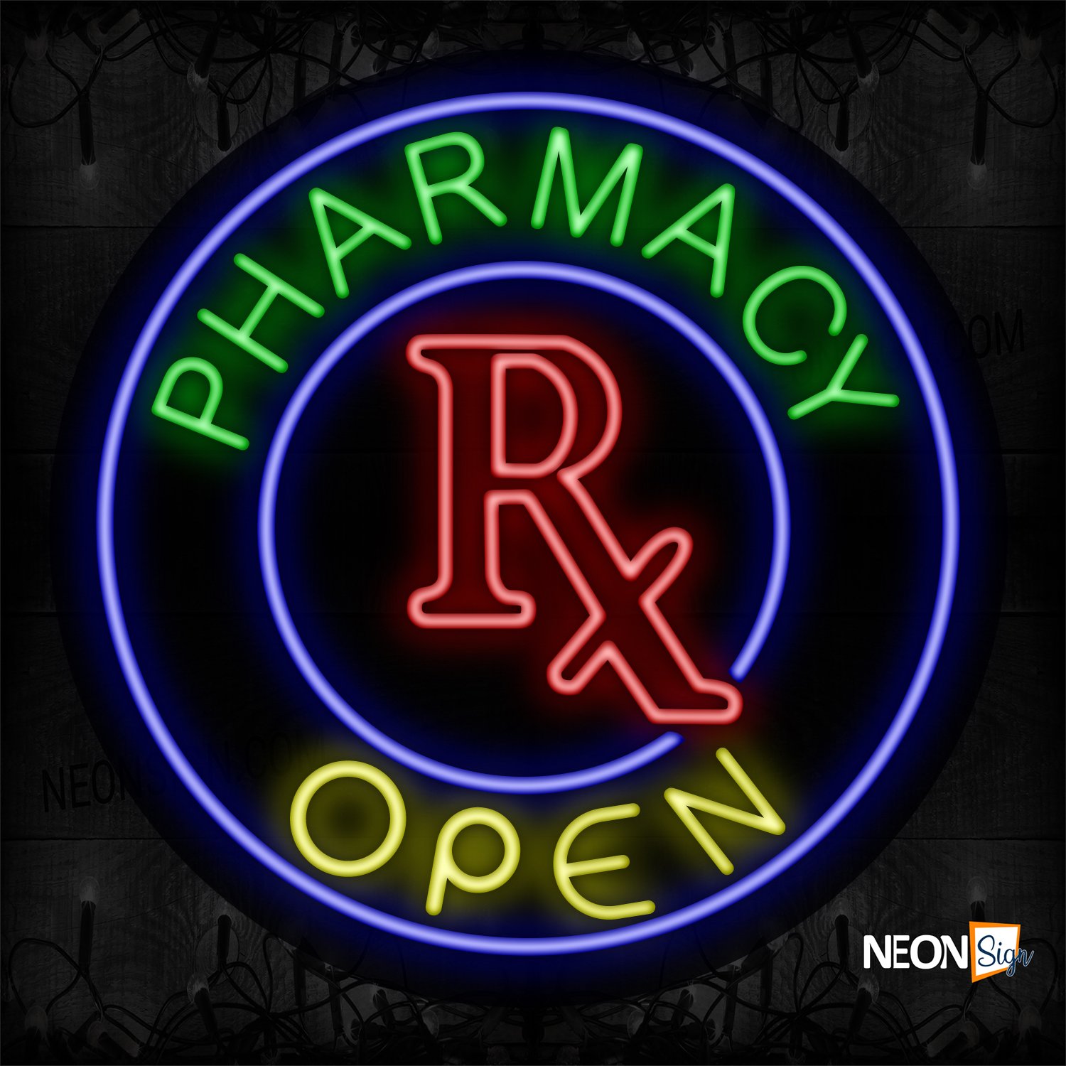 Image of 11333 Pharmacy Rx Open With Circle Border Neon Sign_26x26 Contoured Black Backing