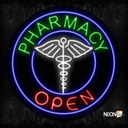 Image of 11334 Pharmacy Open With Logo And Blue Circle Border Neon Sign_26x26 Contoured Black Backing