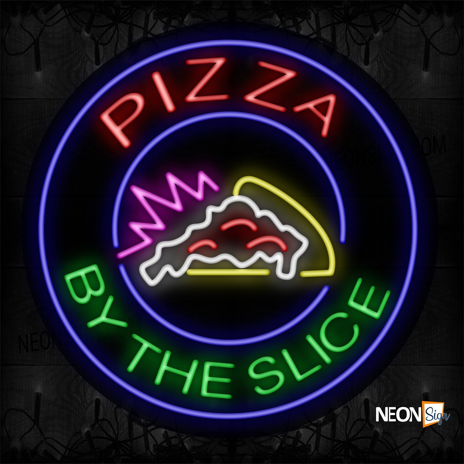 Image of 11335 Pizza By The Slice With Logo And Blue Circle Border Neon Sign_26x26 Contoured Black Backing