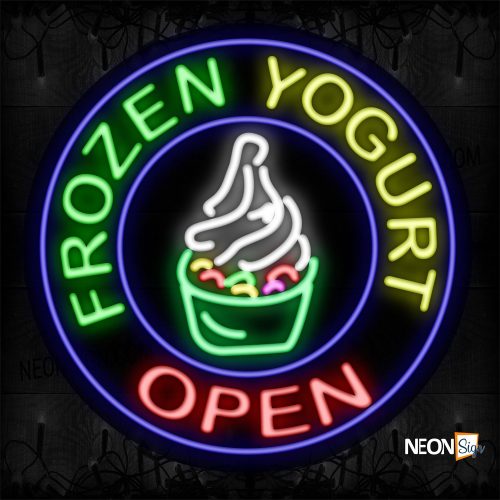 Image of 11344 Frozen Yogurt Open With Logo And Blue Circle Border Neon Signs_26x26 Contoured Black Backing