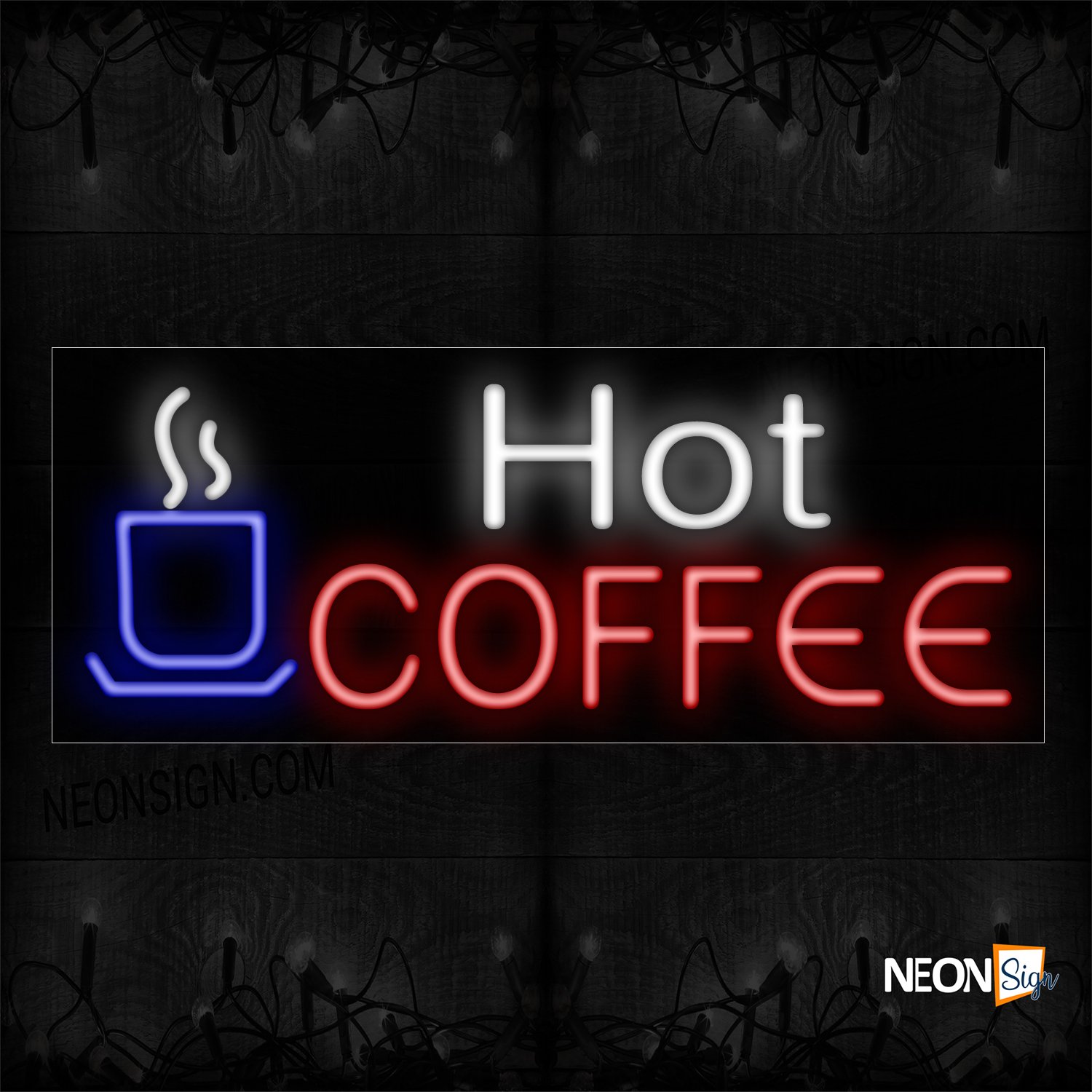 Image of 11422 Hot Coffee with blue cup Logo Neon Sign_13x32 Black Backing