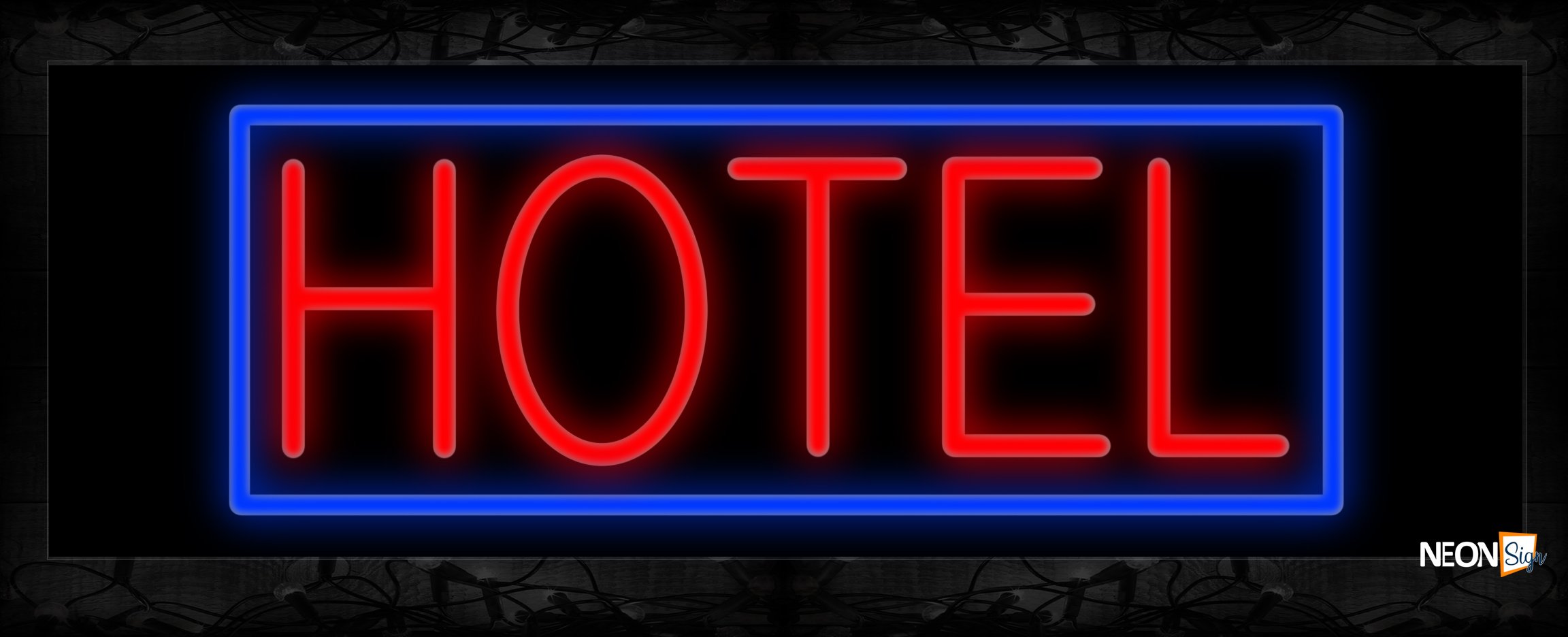 Image of 11425 Hotel in red with blue border Neon Sign 13x32 Black Backing