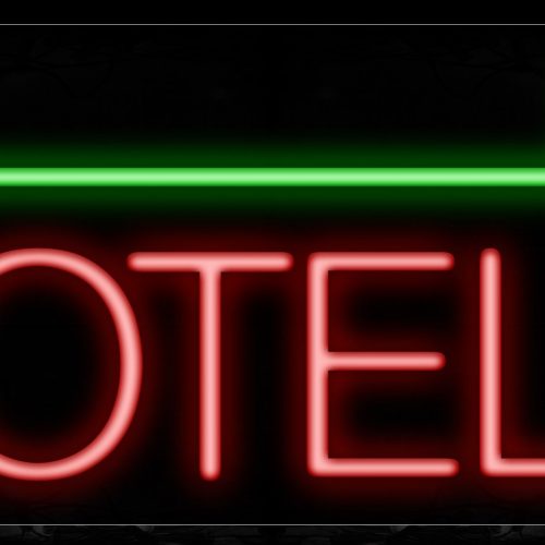 Image of 11426 Hotel in red with green arrow Neon Sign_13x32 Black Backing