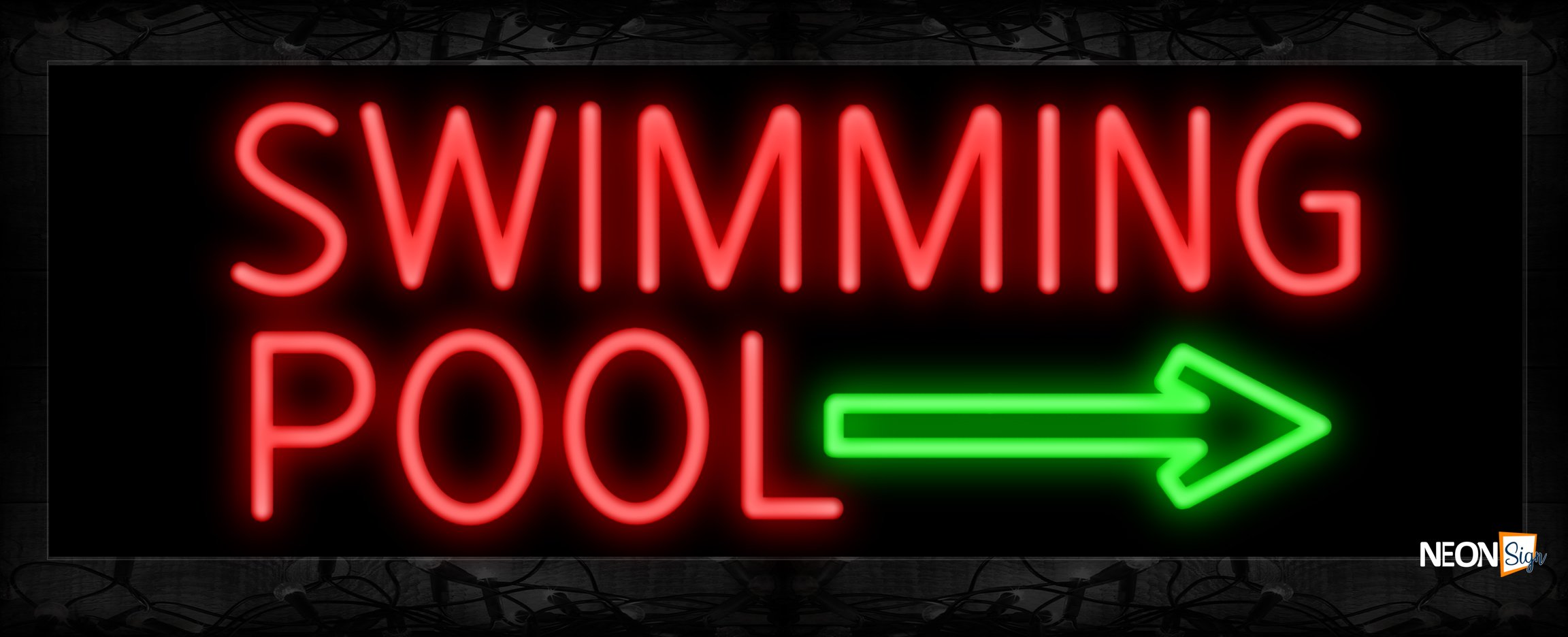 Image of 11482 Swimming Pool in red with green arrow Neon Sign 13x32 Black Backing