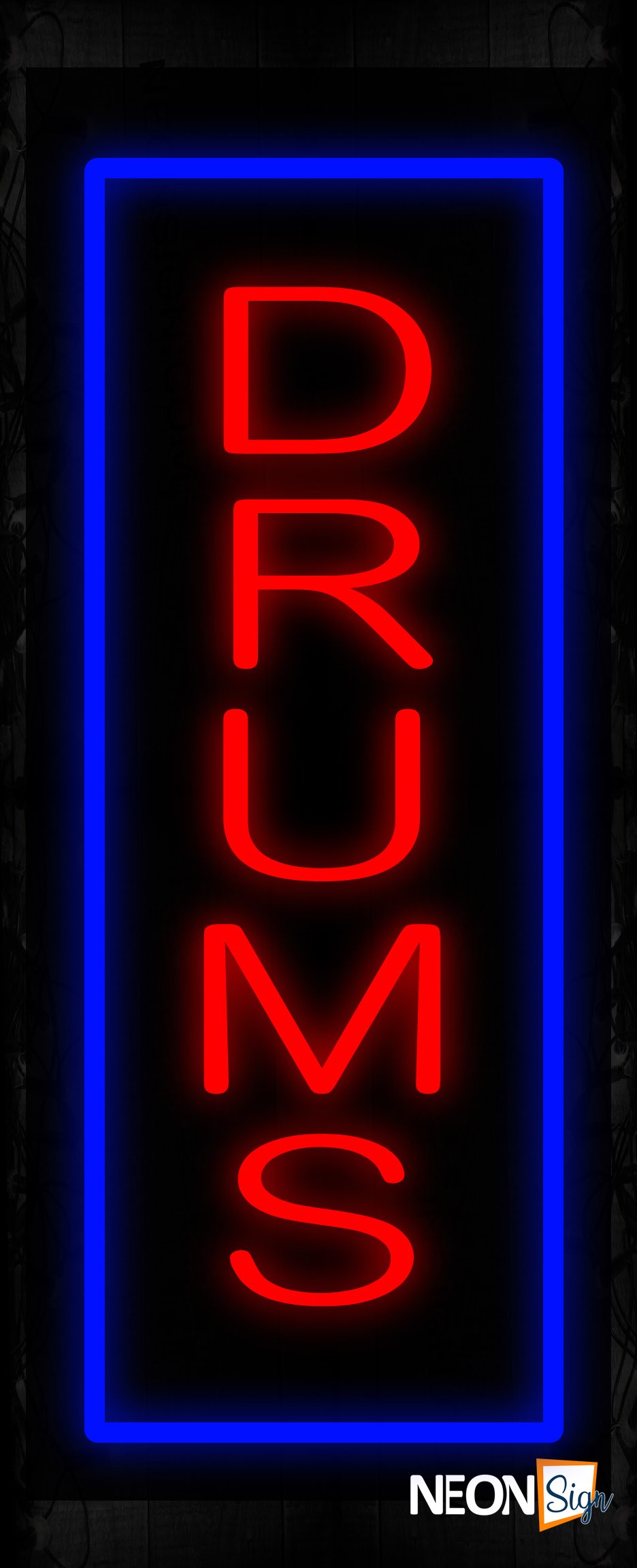 Image of 11544 Drums in red with blue border (Vertical) Neon Sign_ 32x12 Black Backing