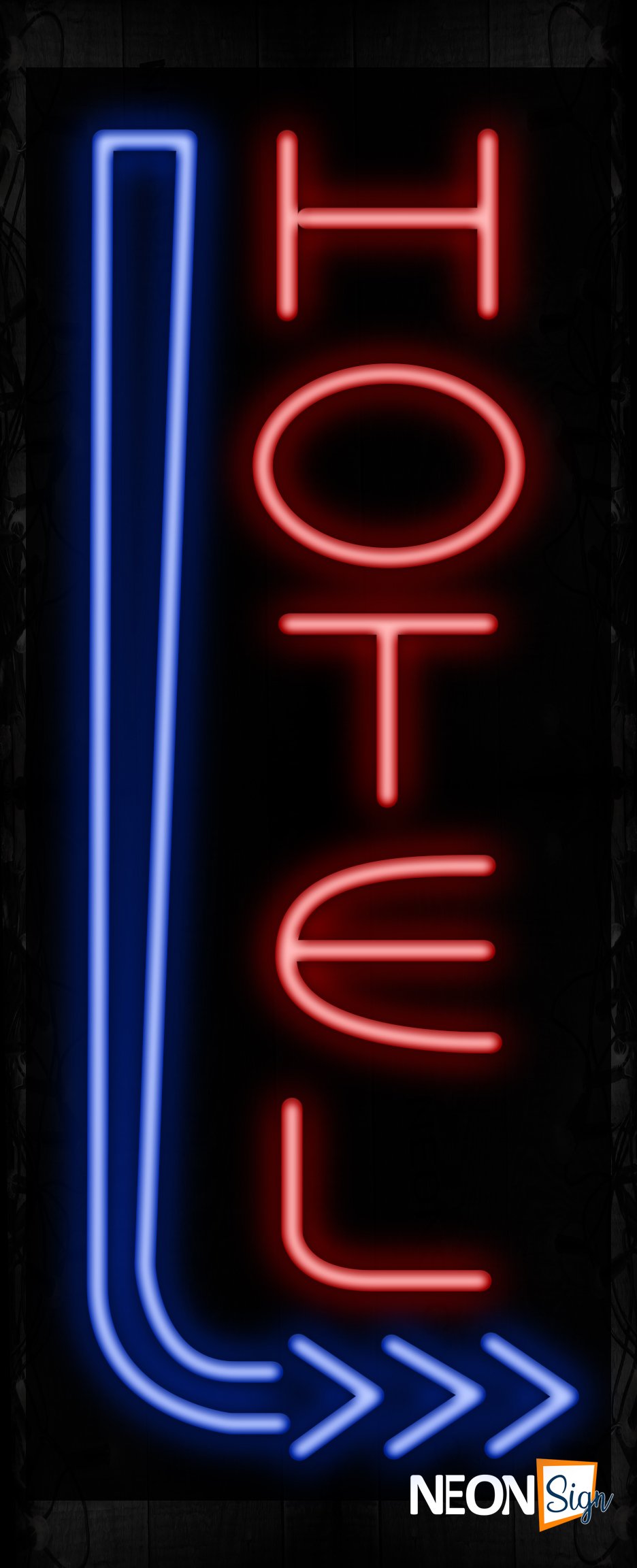 Image of 11576 Hotel with blue arrow Neon Sign_ 32x12 Black Backing