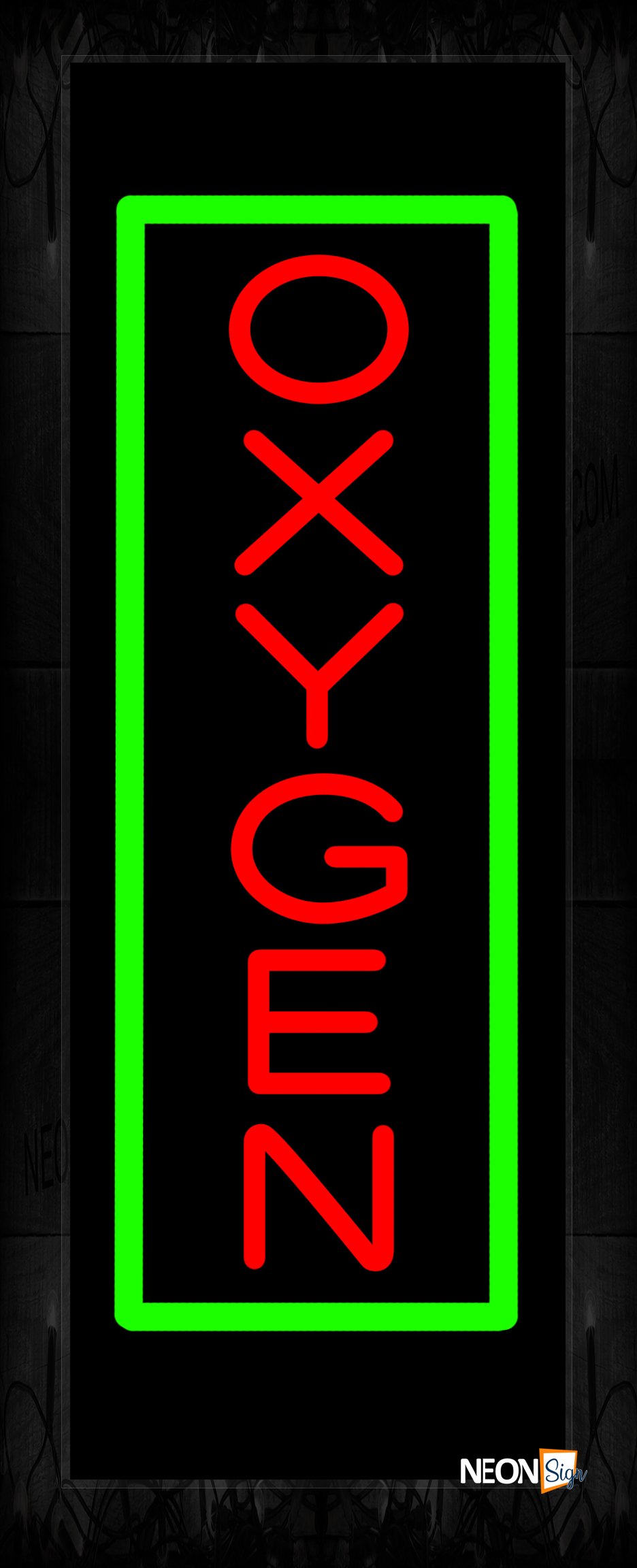 Image of 11606 Oxygen in red with green border (Vertical) Neon Sign 13x32 Black Backing